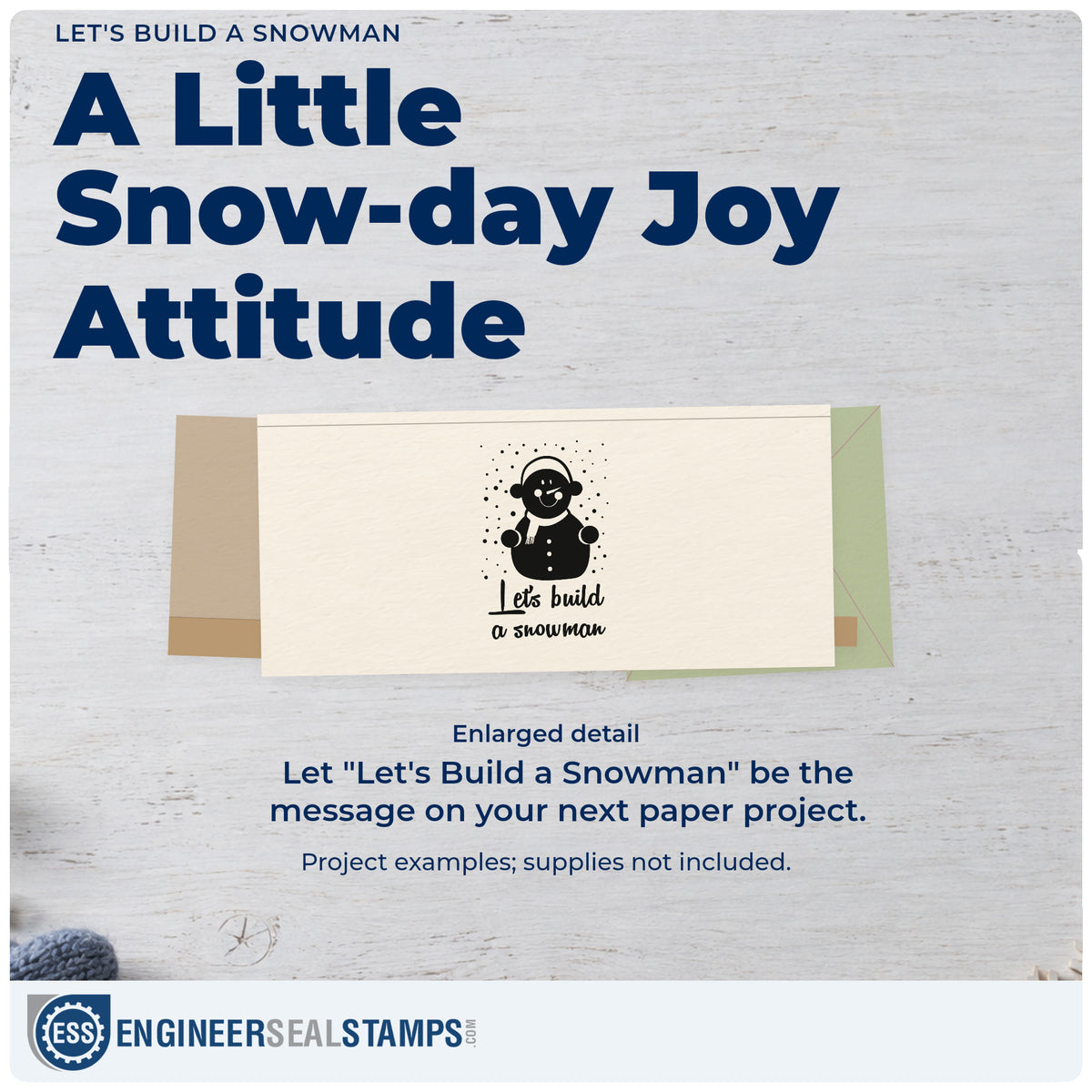 Enlarged detail of the Let's Build A Snowman PSI Pre-Inked Stamp imprint. A dark smiling snowman in earmuffs and scarf appears amid falling snow above “Let's Build a Snowman.”