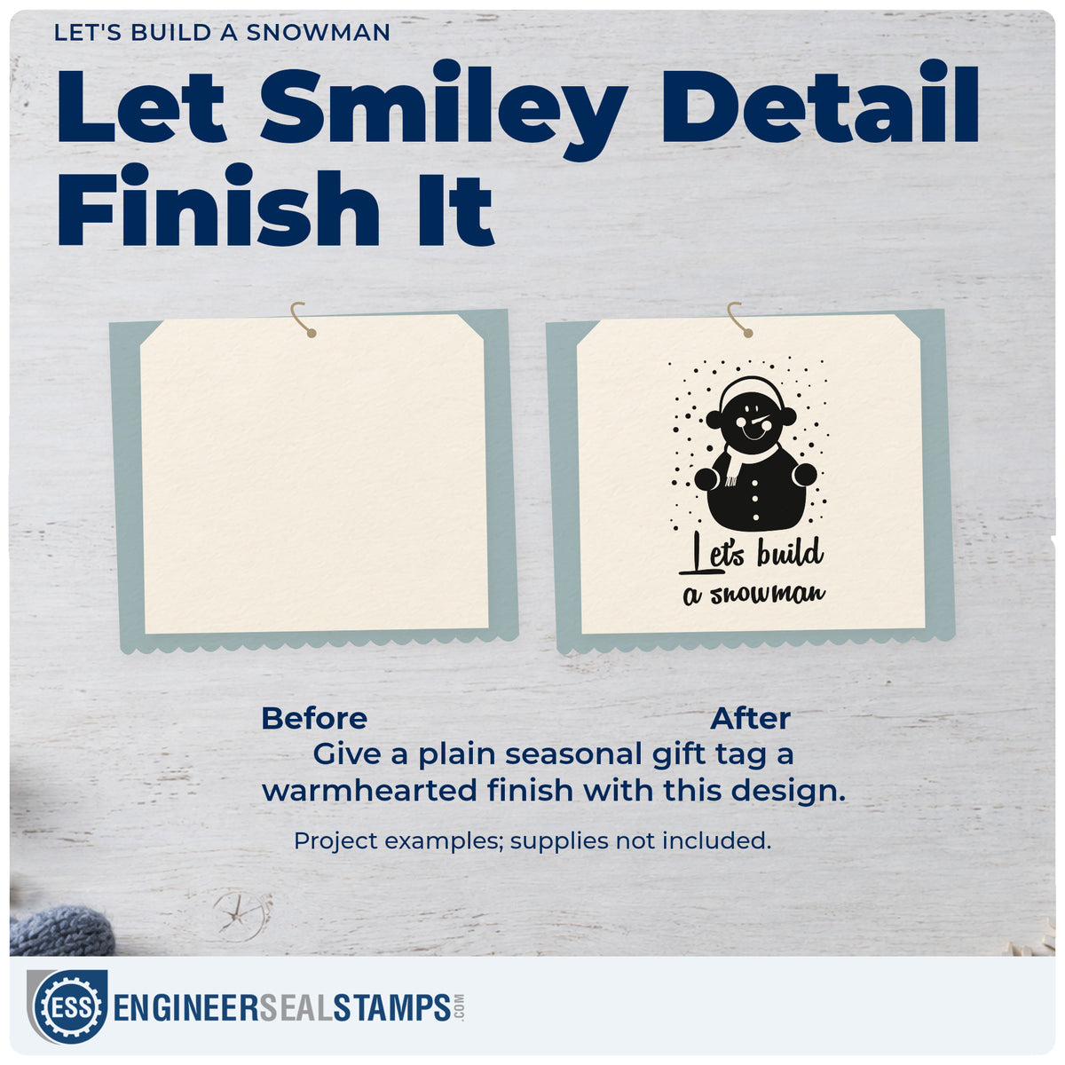 Before and after of a plain item finished with the Let's Build A Snowman Stamp – Wood Handle, a quick upgrade for kit bag seals.