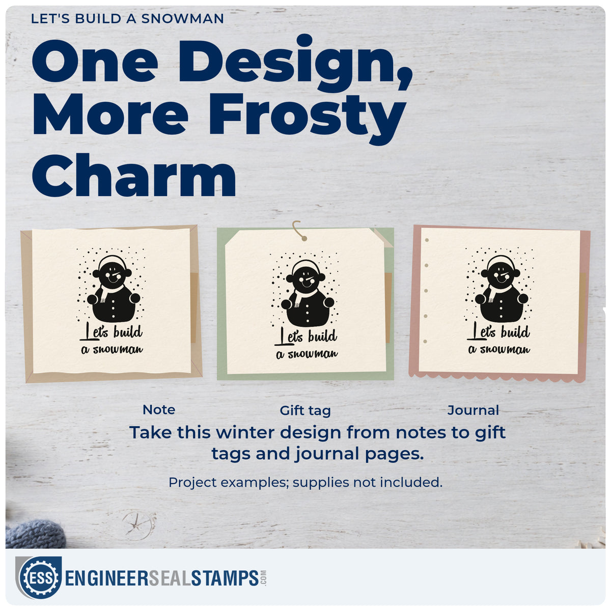 Three project examples made with the Let's Build A Snowman PSI Pre-Inked Stamp, including glove basket labels.