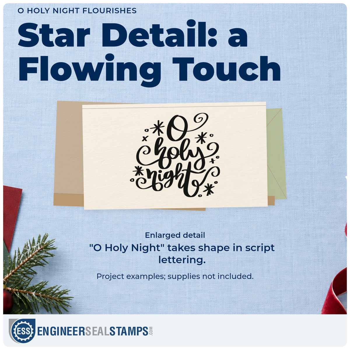 Enlarged detail of the O Holy Night Flourishes Duo Hand Stamp imprint. “O Holy Night” uses large looping script surrounded by stars, dots, and curls.