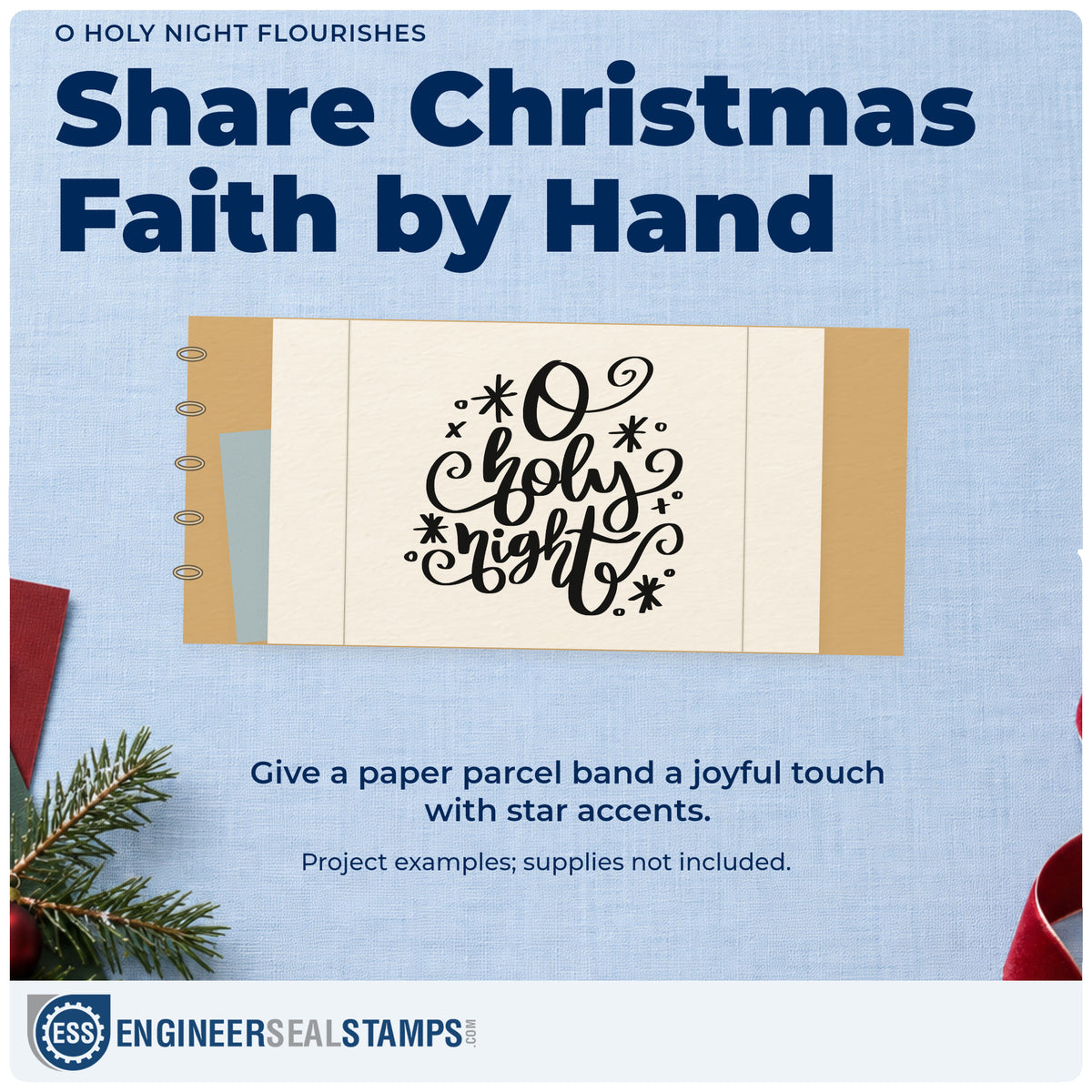 A finished handmade project stamped with the O Holy Night Flourishes Stamp – Self-Inking, ideal for choir folder tags.