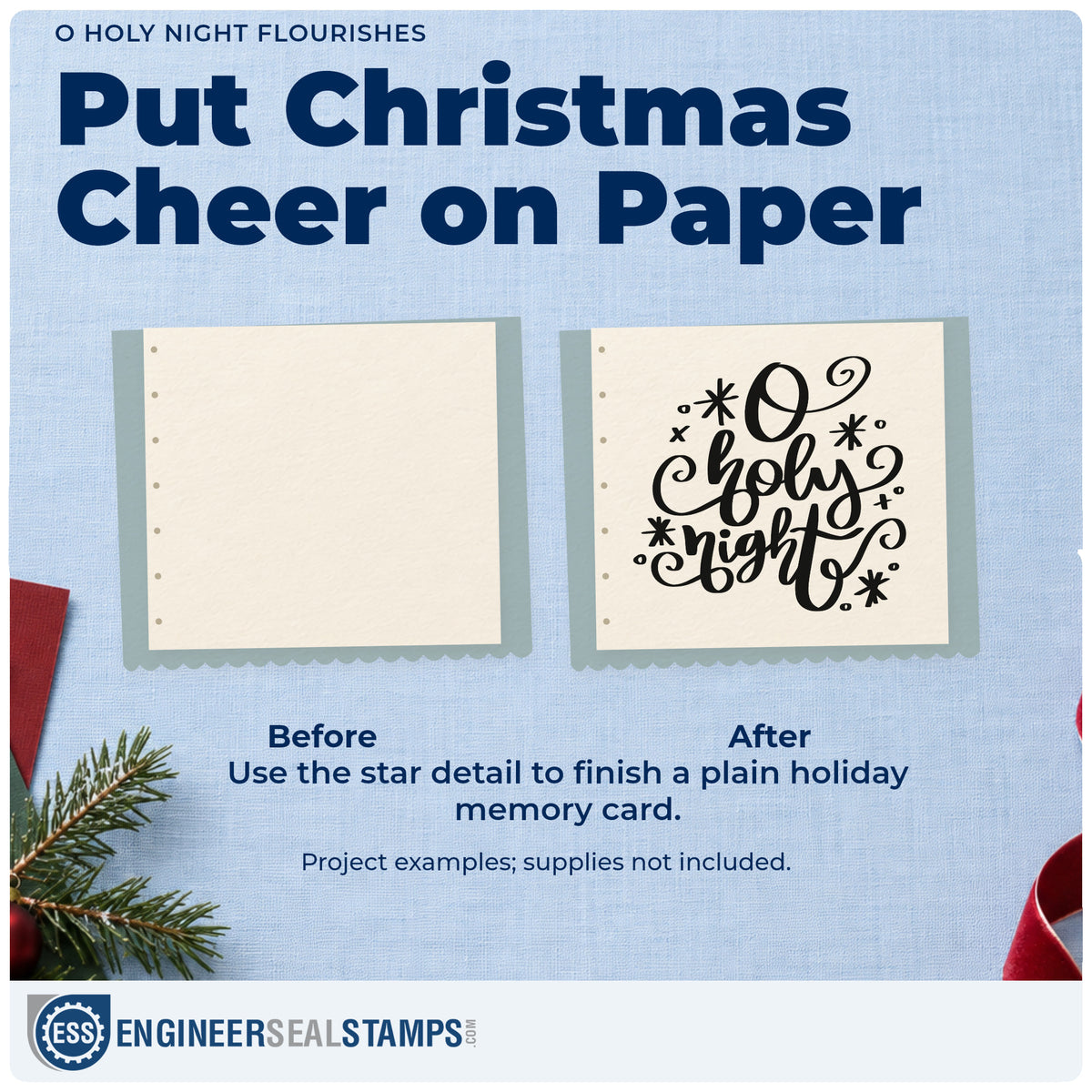 Before and after of a plain item finished with the O Holy Night Flourishes Stamp – Self-Inking, a quick upgrade for programme seals.