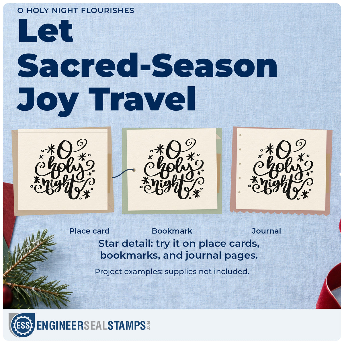 Three project examples made with the O Holy Night Flourishes Slim Pre-Inked Stamp, including candle box labels.