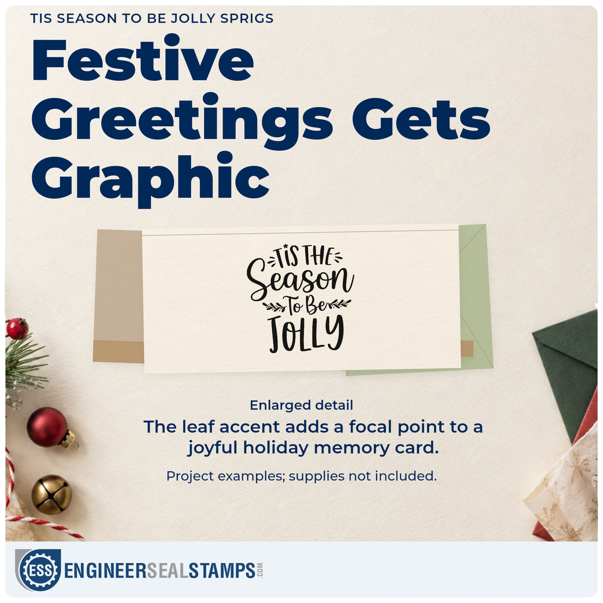Enlarged detail of the Tis Season To Be Jolly Sprigs Leaf Accents Wood Handle Stamp imprint. “Tis the Season to Be Jolly” includes leafy sprigs and decorative rays.