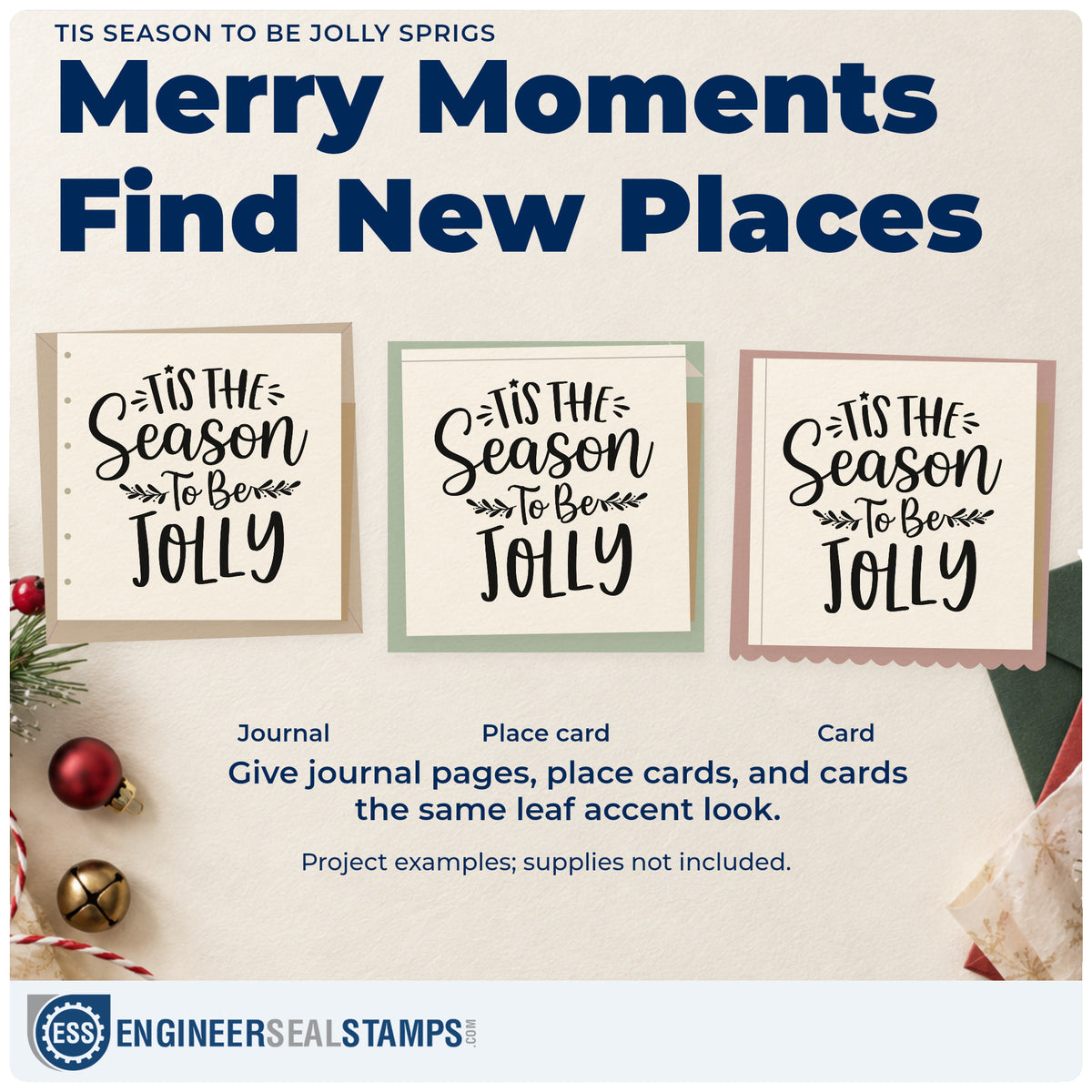Three project examples made with the Tis Season To Be Jolly Sprigs Leaf Accents Rubber Stamp – Duo Hand, including floral foam labels.