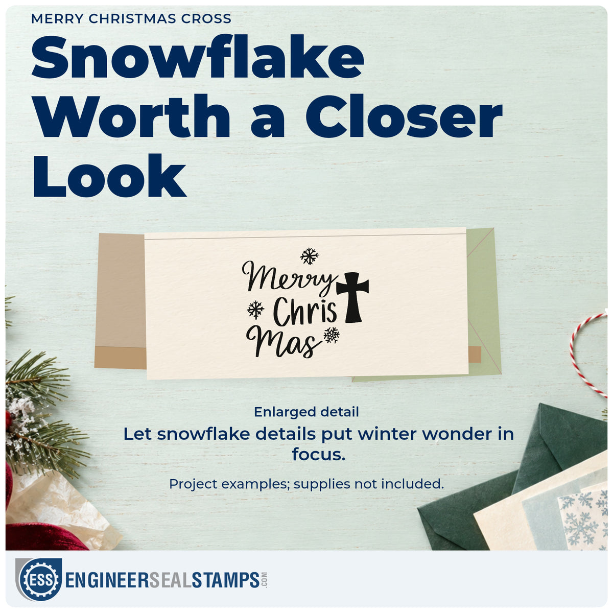 Enlarged detail of the Merry Christmas Cross PSI Pre-Inked Stamp imprint. “Merry Christmas” is arranged in several rows with a large cross and snowflakes.