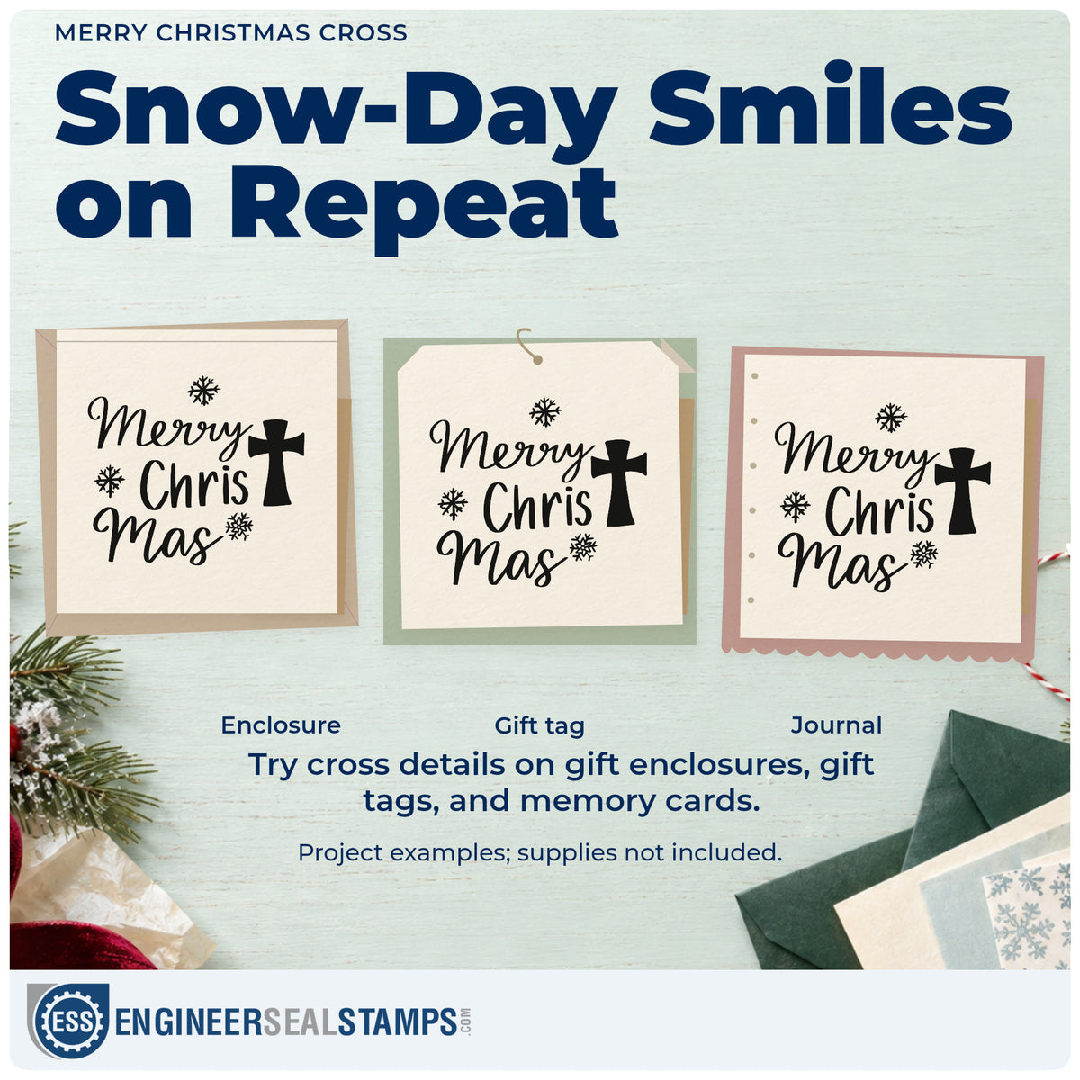 Three project examples made with the Merry Christmas Cross Hand Stamp – Duo, including devotional journals.