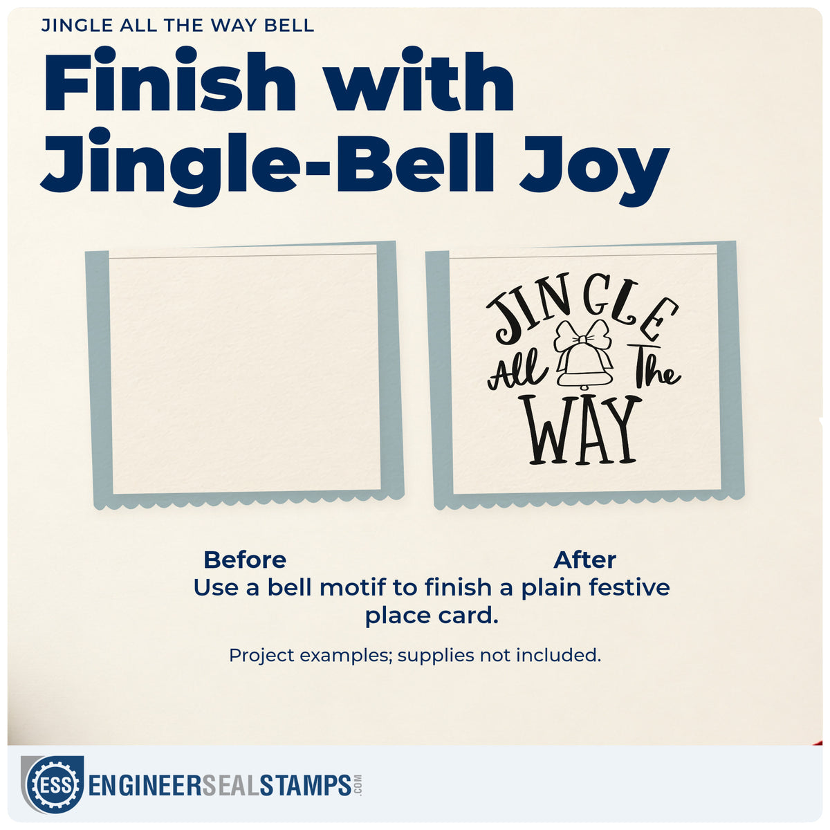 Before and after of a plain item finished with the Self-Inking Jingle All The Way Bell Bow Accent Stamp, a quick upgrade for framed piano wall.