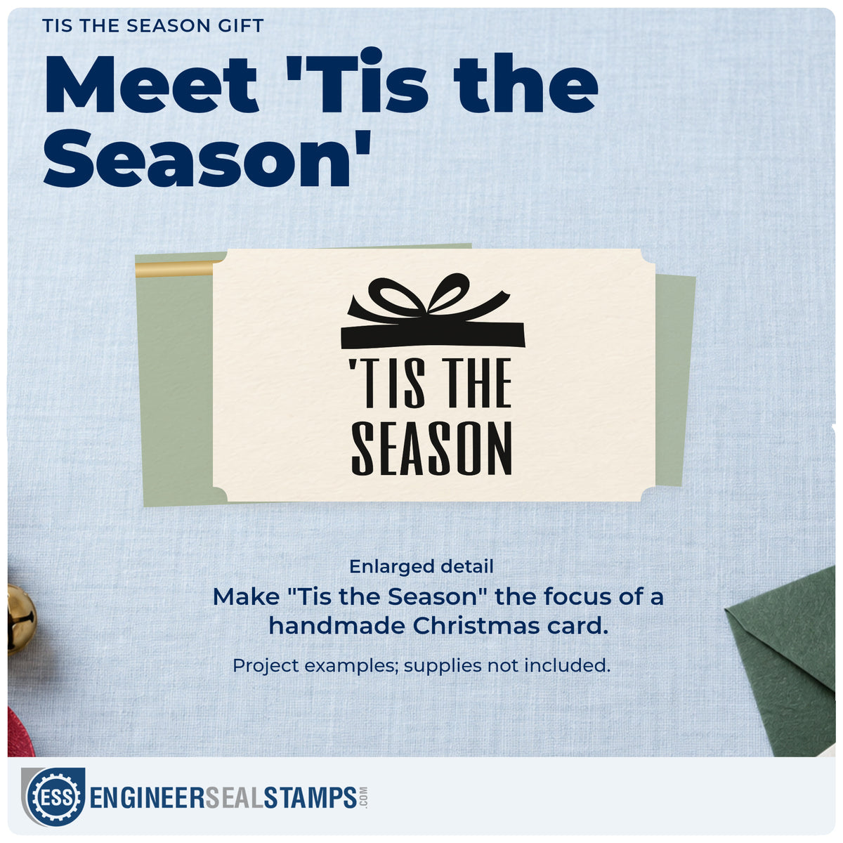 Enlarged detail of the Wood Handle Tis The Season Gift Rubber Stamp imprint. A wrapped-gift bow sits above tall “Tis the Season” lettering.