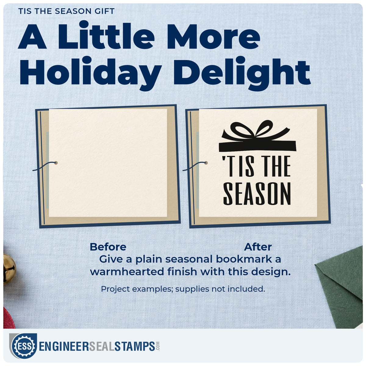 Before and after of a plain item finished with the Tis The Season Gift Stamp – Self-Inking, a quick upgrade for framed foyer piece.