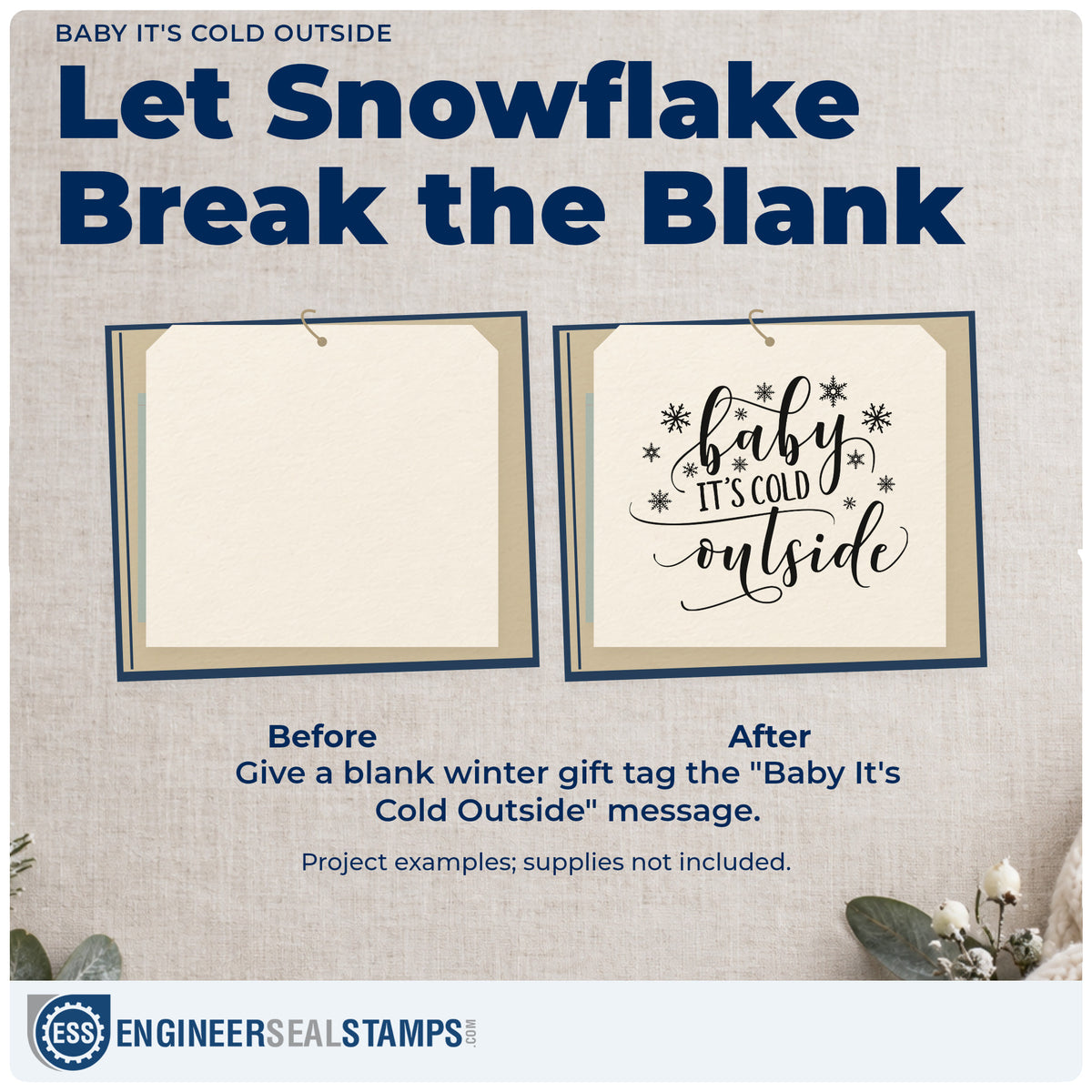 Before and after of a plain item finished with the Baby It's Cold Outside Snowflakes Self-Inking Stamp, a quick upgrade for coffee shop cup sleeves.