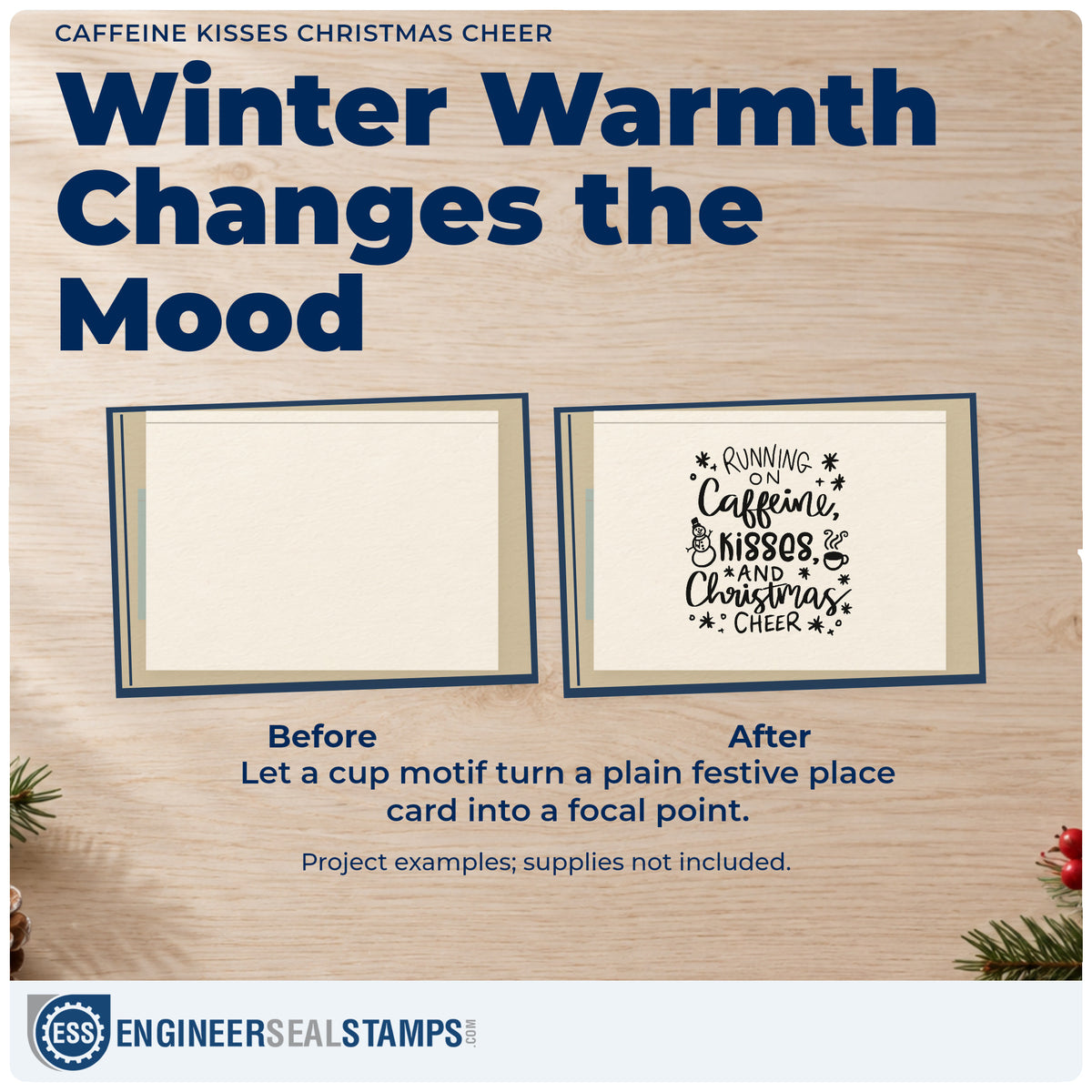 Before and after of a plain item finished with the Running On Caffeine, Kisses And Christmas Cheer Hand Stamp – Duo, a quick upgrade for framed coffee nook.