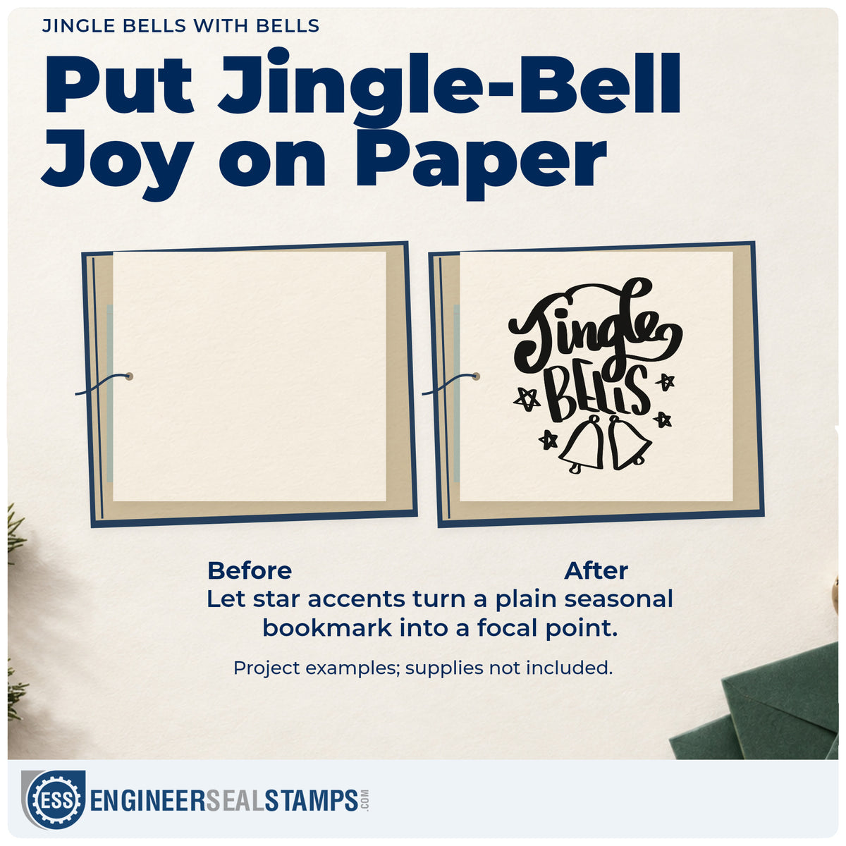 Before and after of a plain item finished with the Jingle Bells Rubber Stamp – Duo Hand, a quick upgrade for framed studio wall.