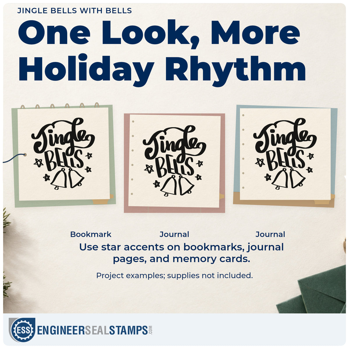 Three project examples made with the Jingle Bells Slim Pre-Inked Stamp, including star punch cards.