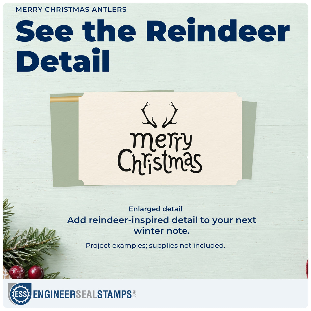 Enlarged detail of the Vintage Pro Merry Christmas Antlers Premium Wooden Stamp imprint. A pair of antlers sits above simple “Merry Christmas” lettering.