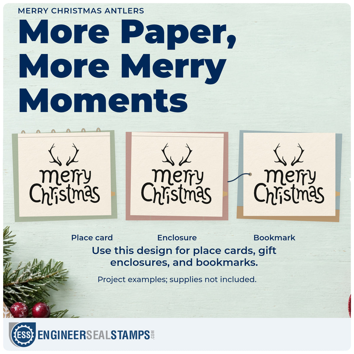 Three project examples made with the Merry Christmas Antlers Hand Stamp – Duo, including nature walk journal.