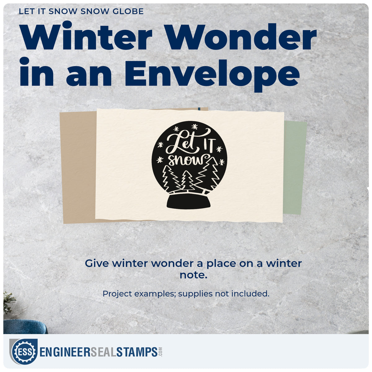 A finished handmade project stamped with the Let It Snow With Trees And Snowflakes Stamp – Wood Handle, ideal for ski trip album page.