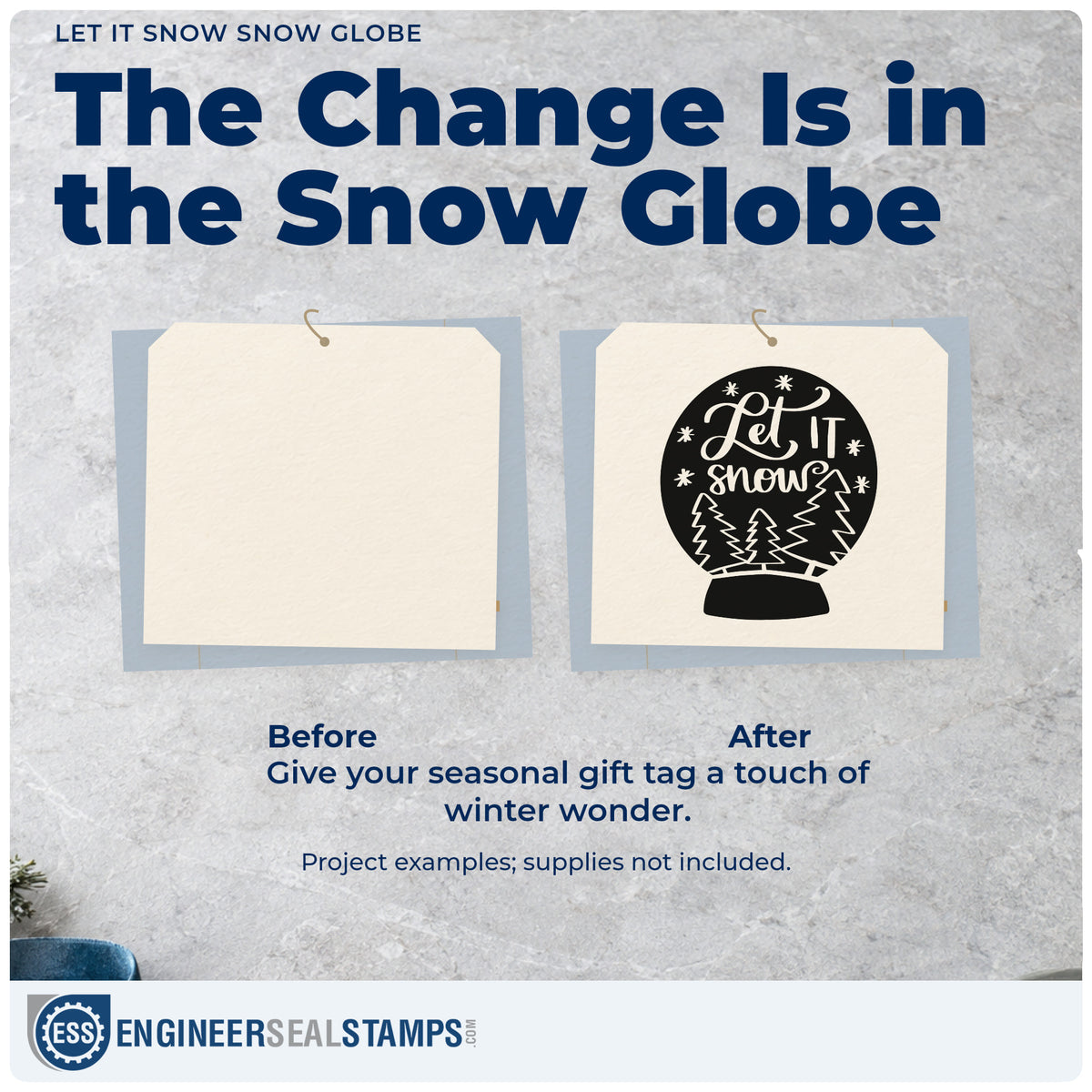Before and after of a plain item finished with the Let It Snow With Trees And Snowflakes Self-Inking Stamp, a quick upgrade for framed mudroom sign.