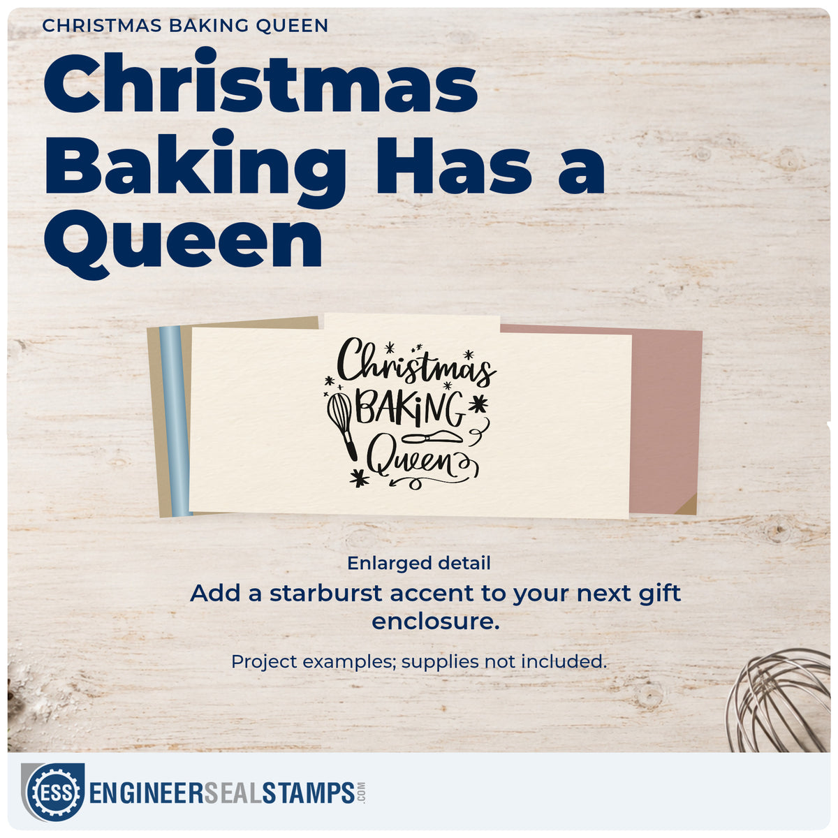 Enlarged detail of the PSI Pre-Inked Whisk And Cake Server Christmas Baking Queen Stamp imprint. “Christmas Baking Queen” features a whisk, a cake server, starbursts, and decorative curls.