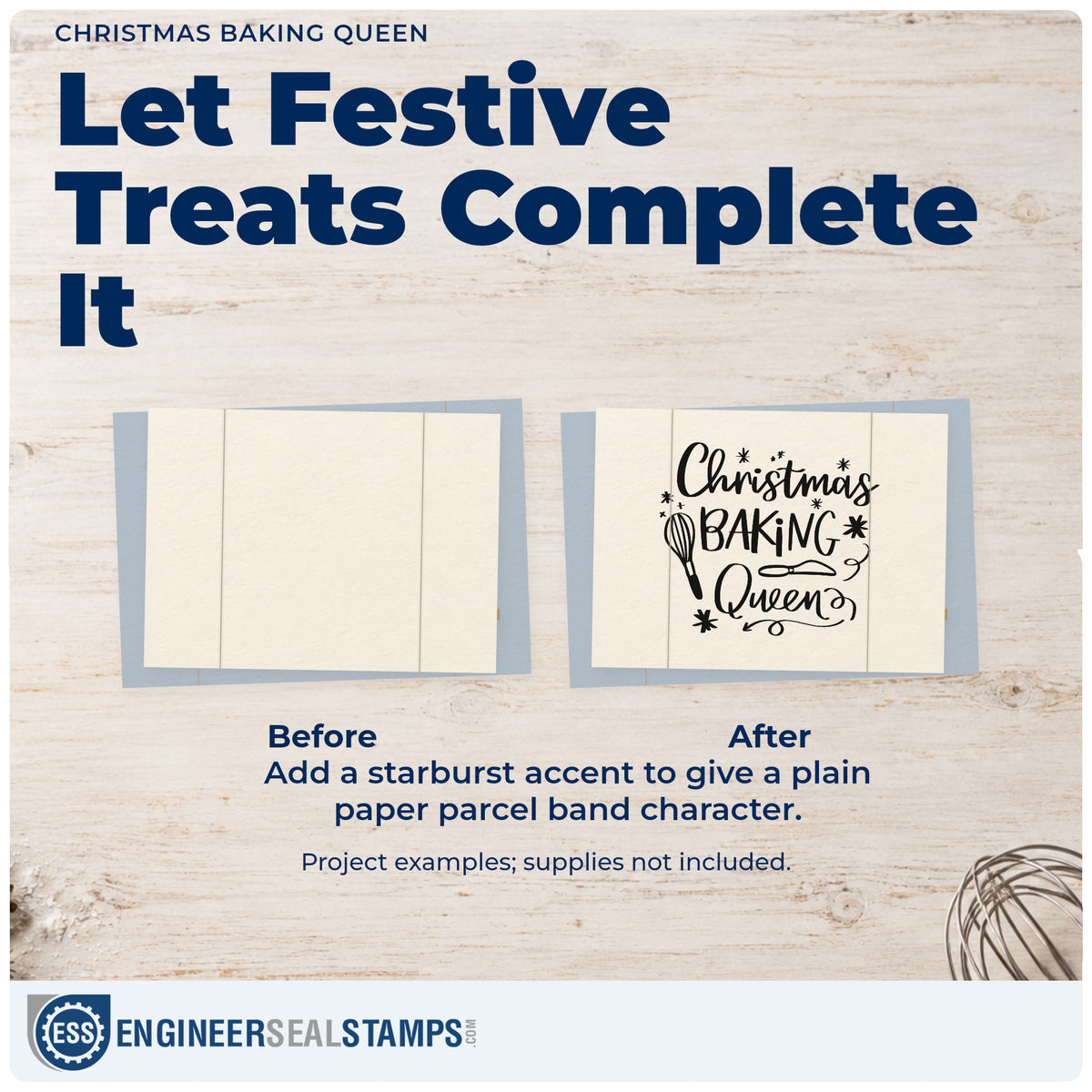 Before and after of a plain item finished with the Whisk And Cake Server Christmas Baking Queen Slim Pre-Inked Stamp, a quick upgrade for framed kitchen art.