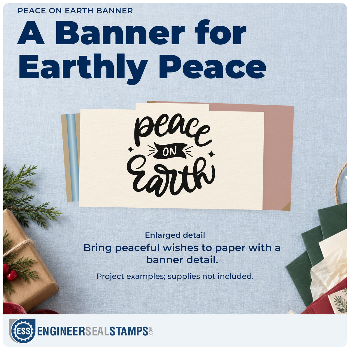 Enlarged detail of the Slim Pre-Inked Peace On Earth Stamp imprint. “Peace on Earth” appears in thick script with a small dark banner and star accents.