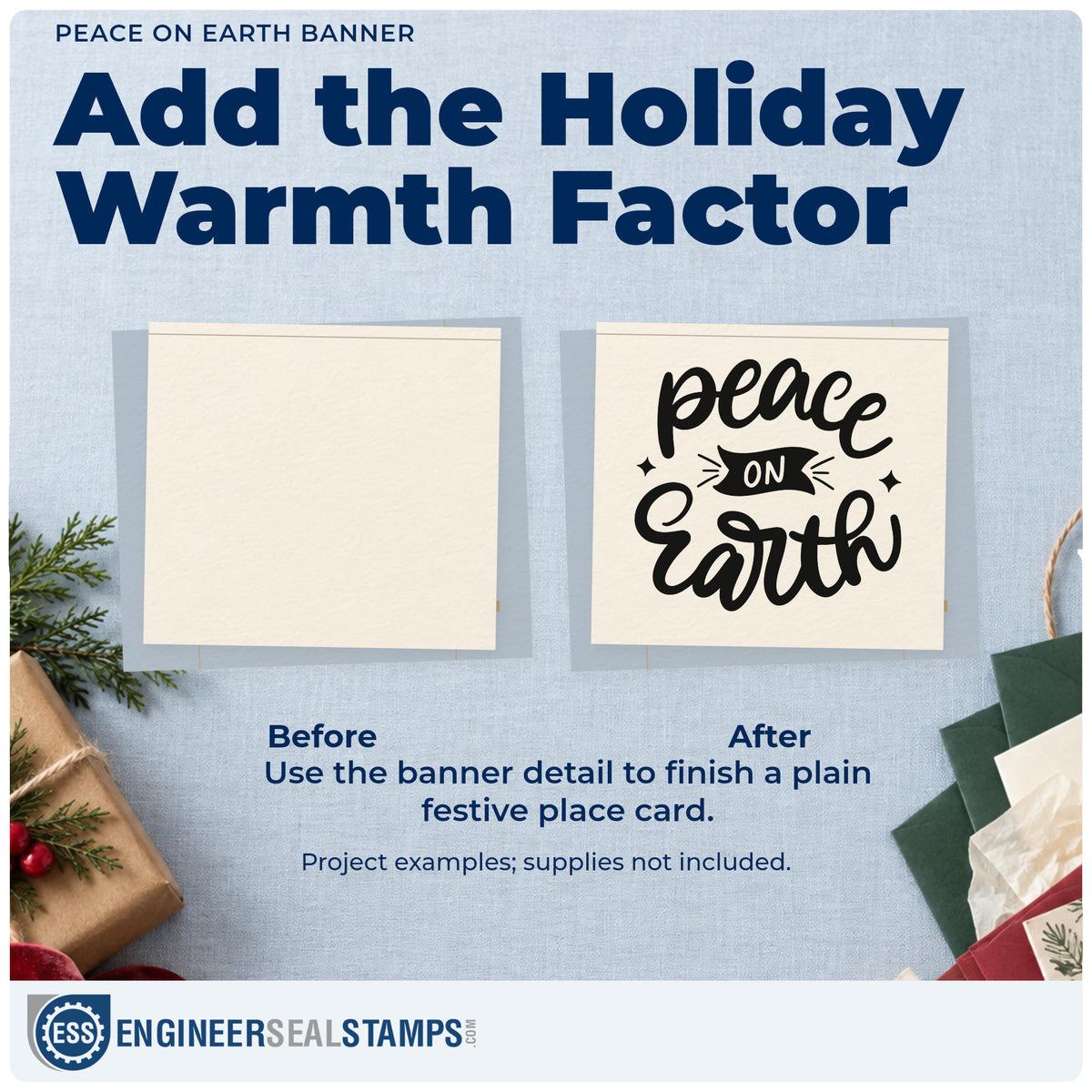 Before and after of a plain item finished with the Peace On Earth Pre-Inked Stamp – PSI, a quick upgrade for framed sanctuary art.