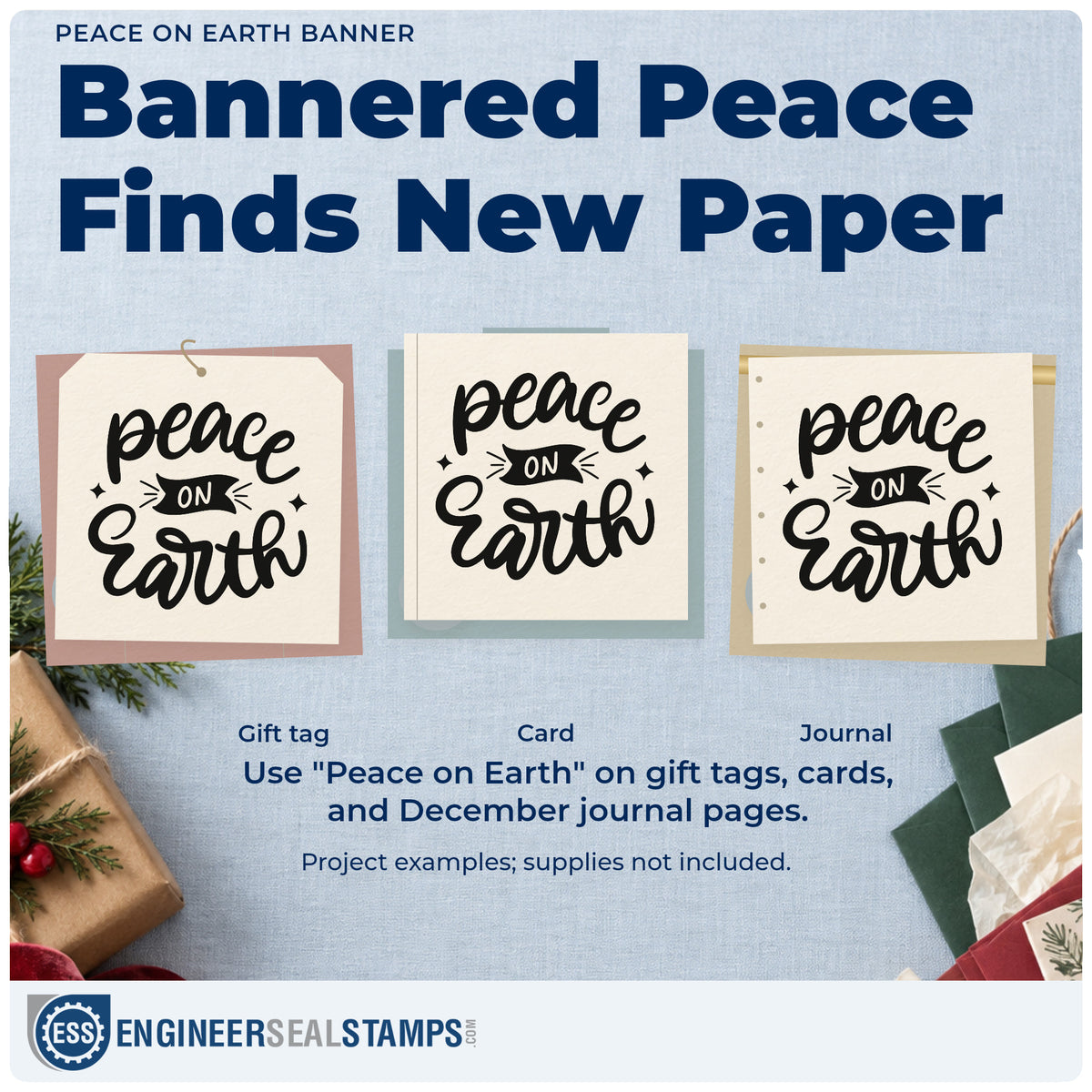 Three project examples made with the Peace On Earth Self-Inking Craft Stamp, including gratitude list pages.