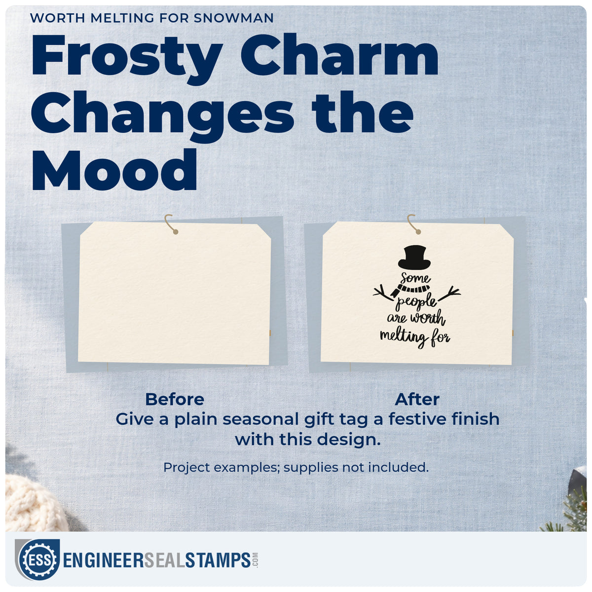 Before and after of a plain item finished with the Worth Melting For Snowman Hand Stamp – Duo, a quick upgrade for framed bedside art.