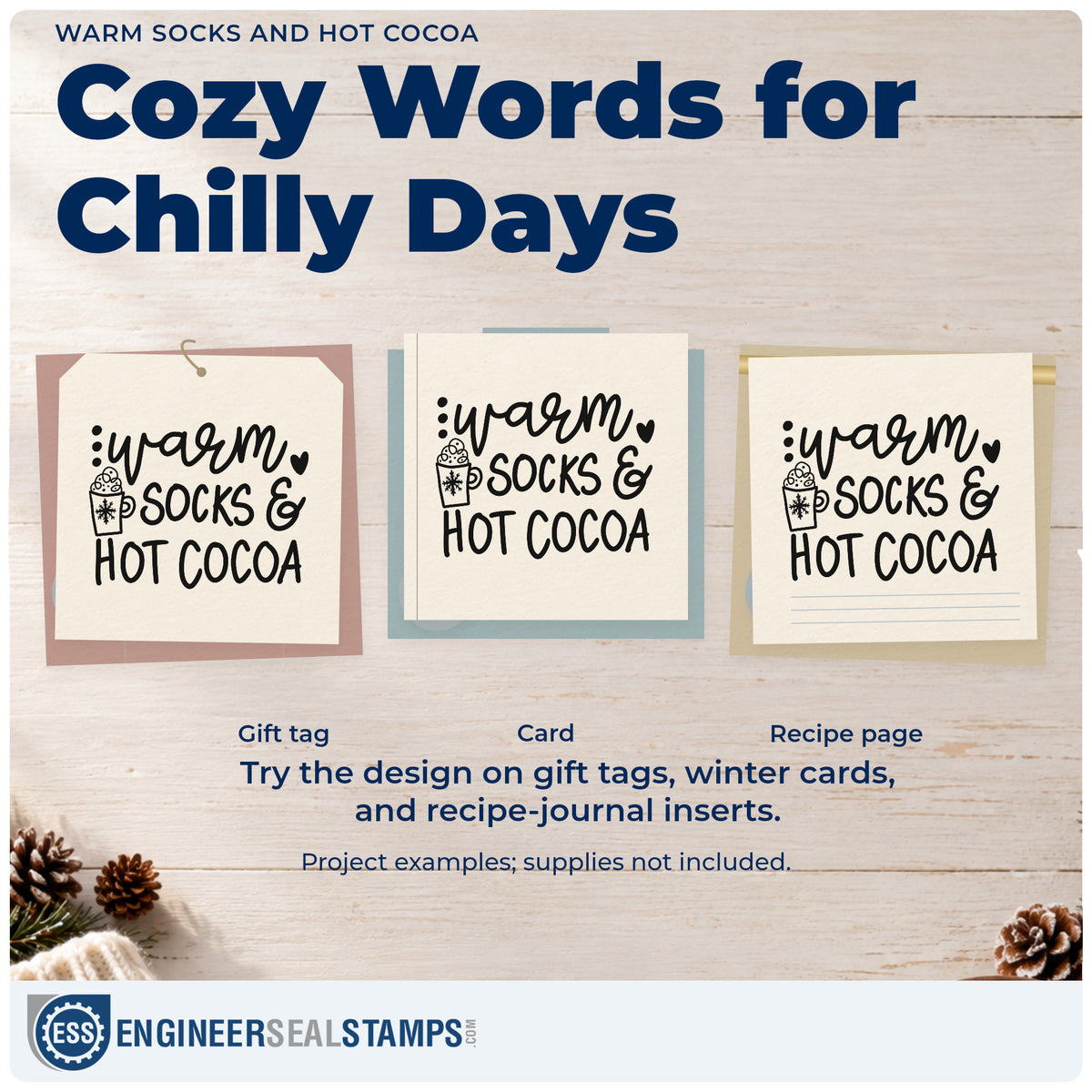 Three project examples made with the Self-Inking Warm Socks & Hot Cocoa Snowflakes Stamp, including reading list pages.