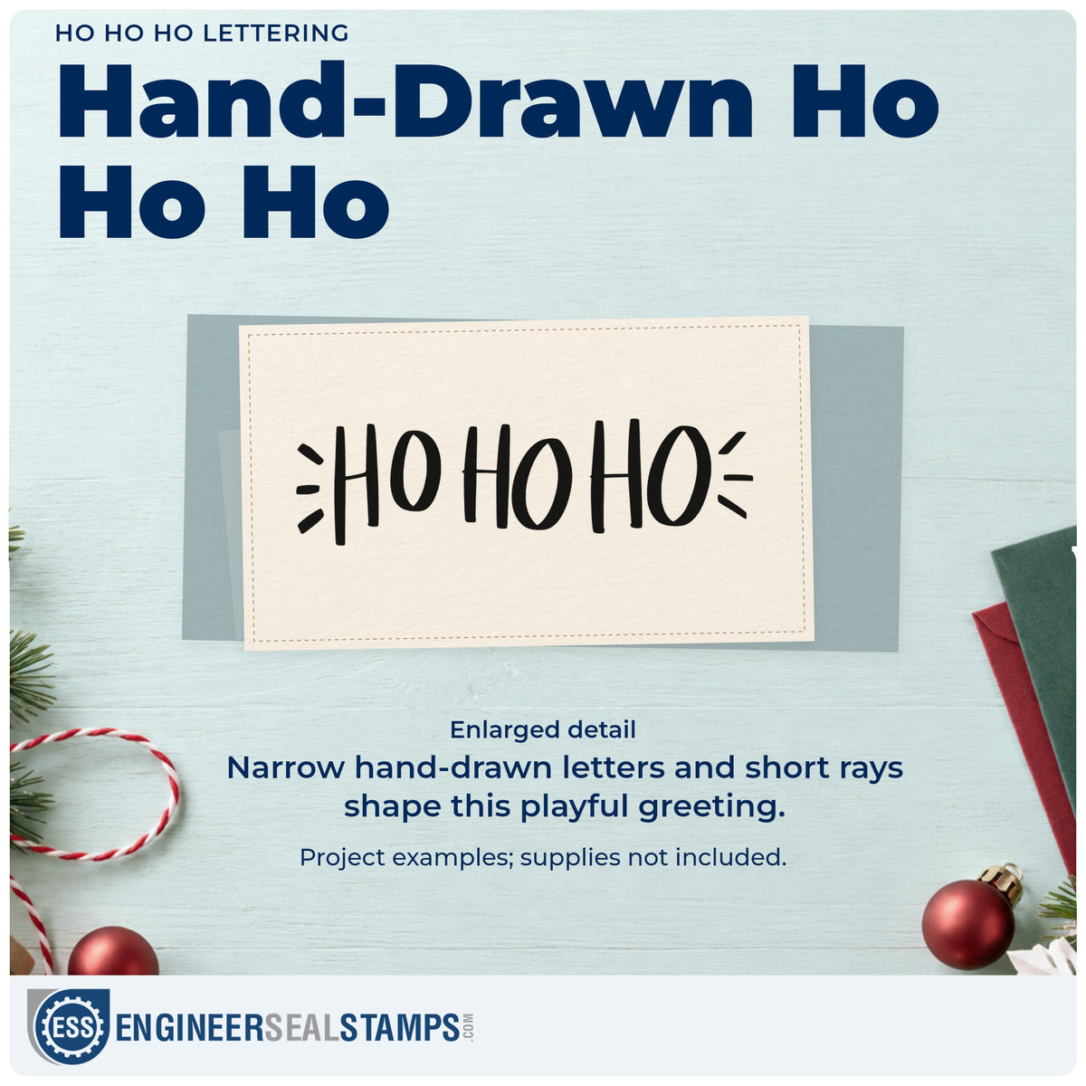 Enlarged detail of the Ho Ho Ho Stamp – Premium Vintage Pro Wooden imprint. “Ho Ho Ho” appears in narrow hand-drawn capitals with short rays at each end.