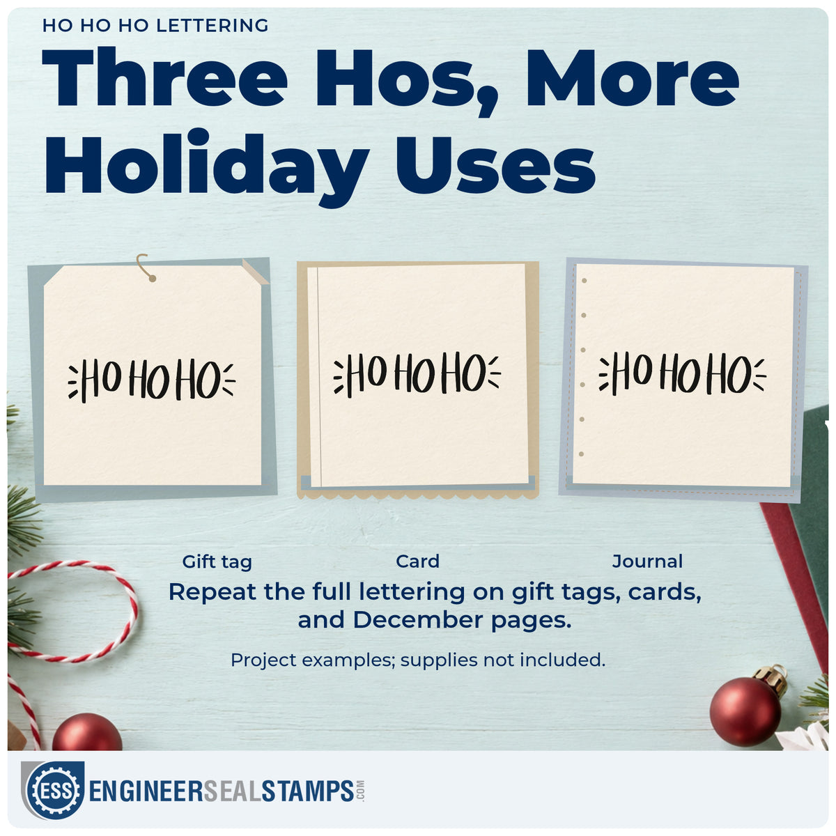Three project examples made with the Duo Hand Ho Ho Ho Rubber Stamp, including advent countdown grid.