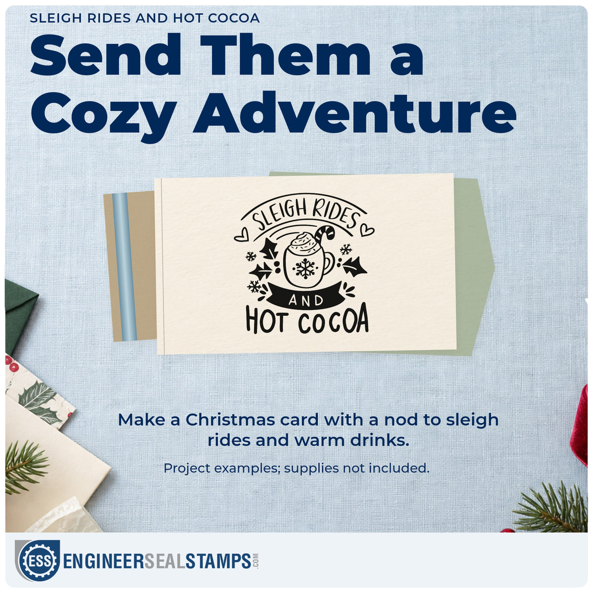 A finished handmade project stamped with the Sleigh Rides And Hot Cocoa Stamp – Slim Pre-Inked, ideal for farm visit album.