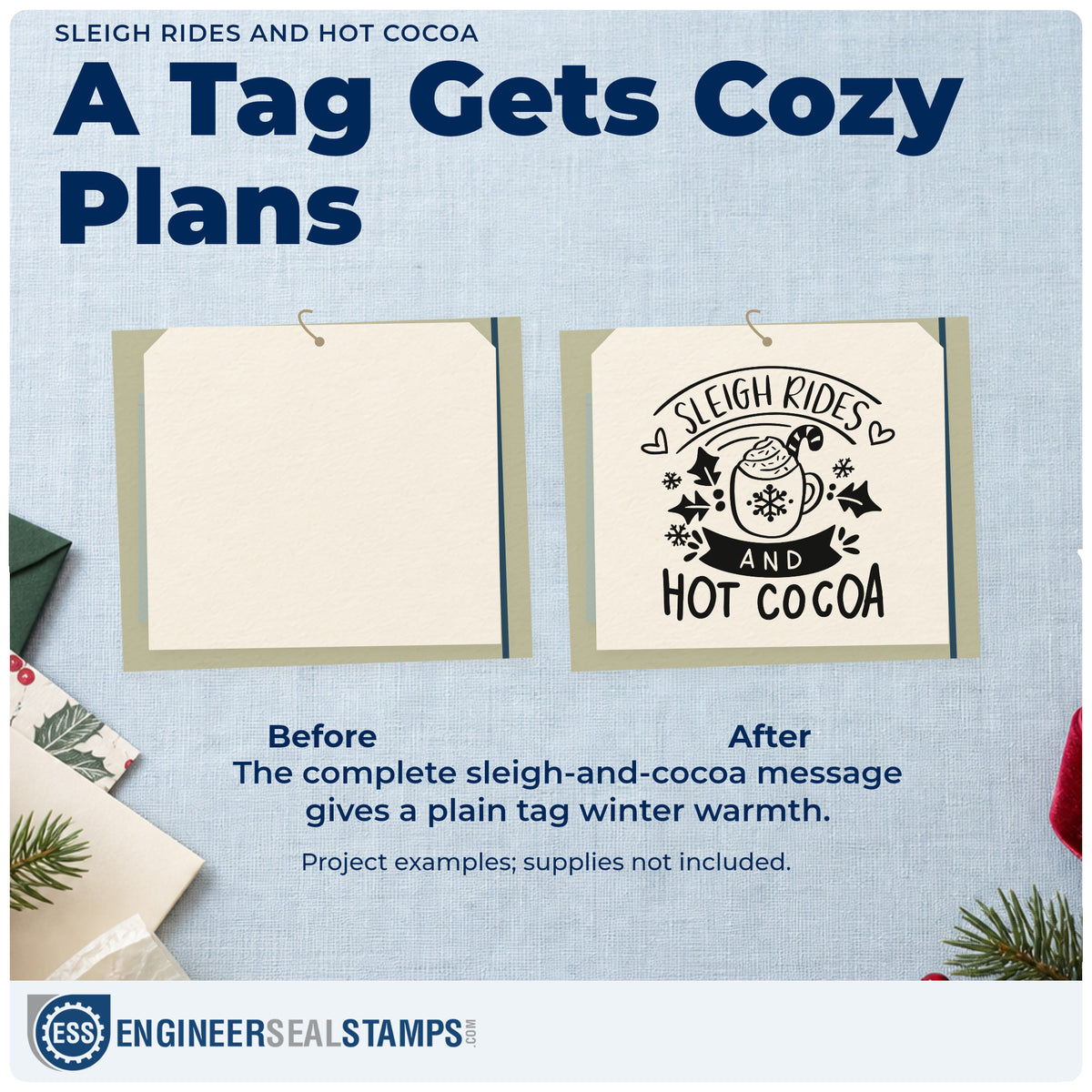 Before and after of a plain item finished with the Sleigh Rides And Hot Cocoa PSI Pre-Inked Stamp, a quick upgrade for framed tack room art.
