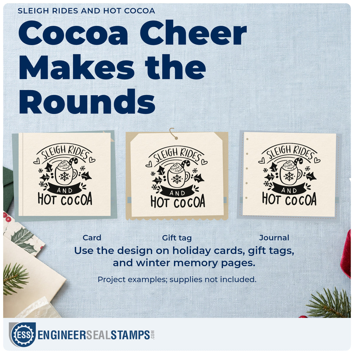 Three project examples made with the Sleigh Rides And Hot Cocoa PSI Pre-Inked Stamp, including outing plan pages.