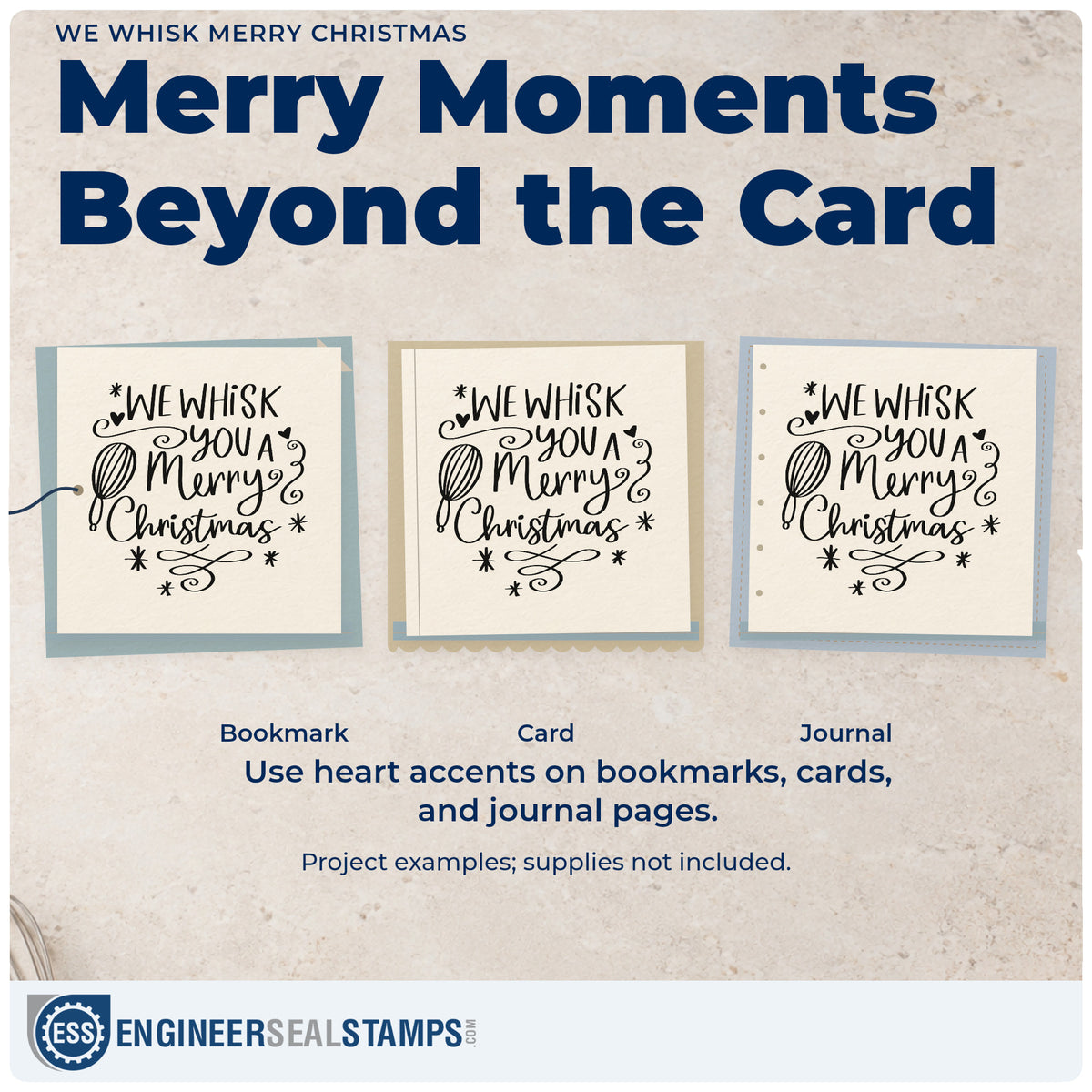 Three project examples made with the We Whisk Merry Christmas Slim Pre-Inked Stamp, including kitchen gift basket.