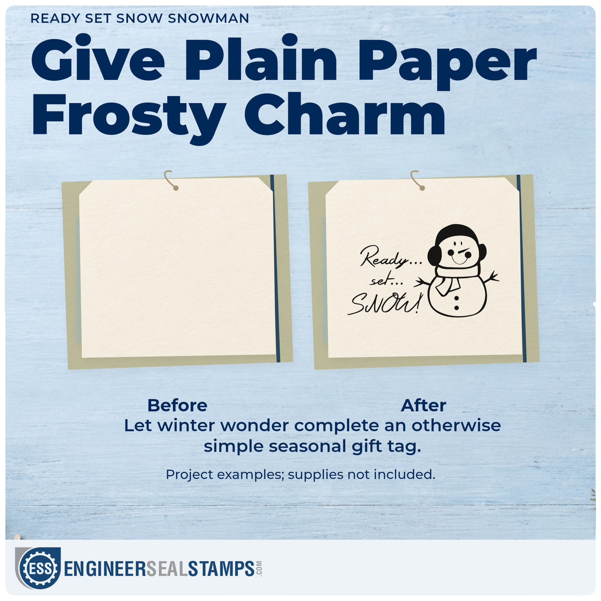 Before and after of a plain item finished with the Snowman Ready Set Snow Hand Stamp – Duo, a quick upgrade for framed preschool wall.
