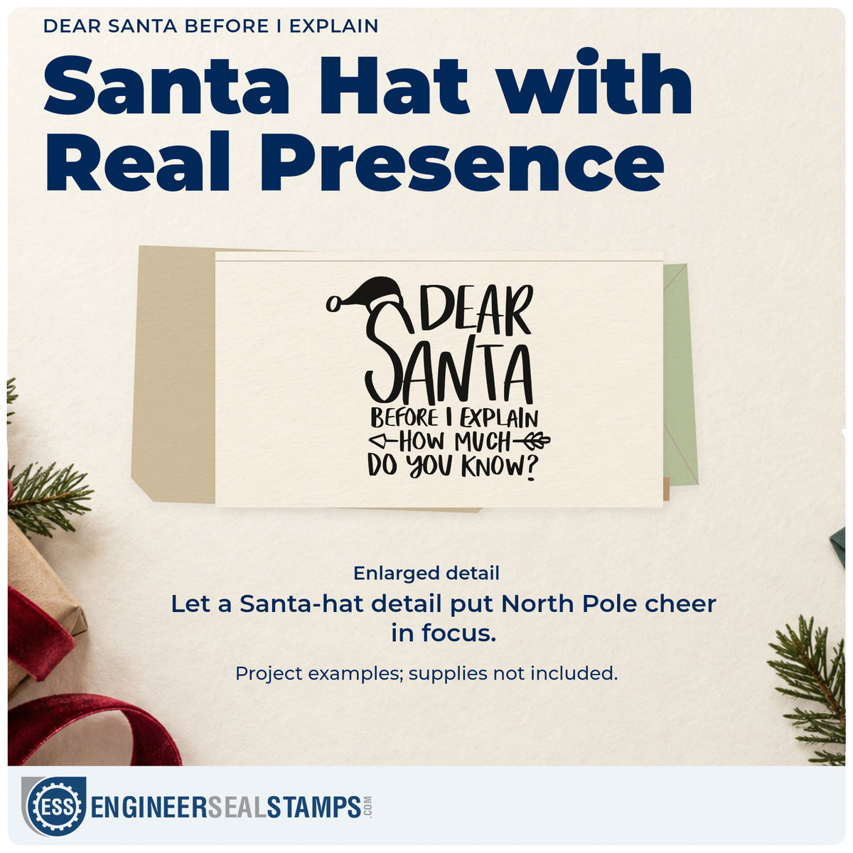 Enlarged detail of the Dear Santa Before I Explain Compact Pre-Inked Stamp – Slim imprint. “Dear Santa Before I Explain How Much Do You Know?” appears with a Santa hat and arrows.