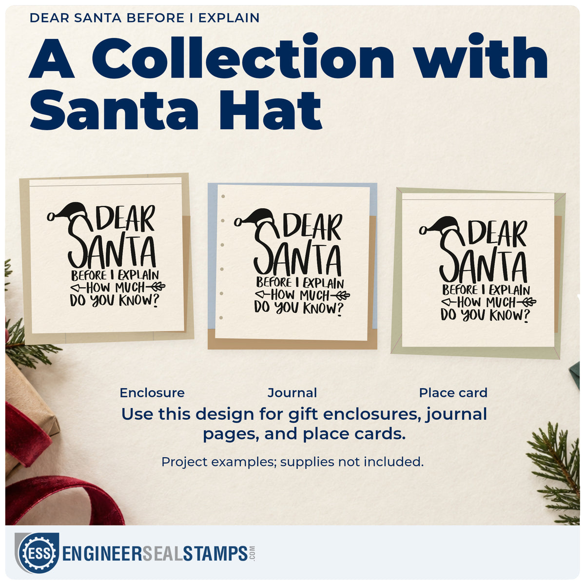 Three project examples made with the Dear Santa Before I Explain Compact Pre-Inked Stamp – Slim, including confession list pages.