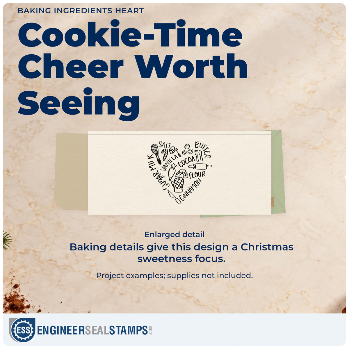 Enlarged detail of the Baking Ingredients Heart Duo Hand Stamp imprint. Baking ingredient words and kitchen tools form a heart, including sugar, milk, flour, cocoa, and cinnamon.