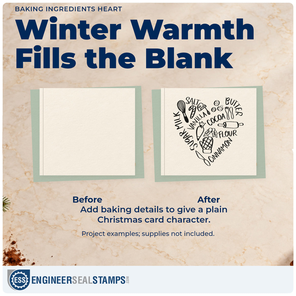 Before and after of a plain item finished with the Baking Ingredients Heart Rubber Stamp – Wood Handle, a quick upgrade for framed spice shelf.