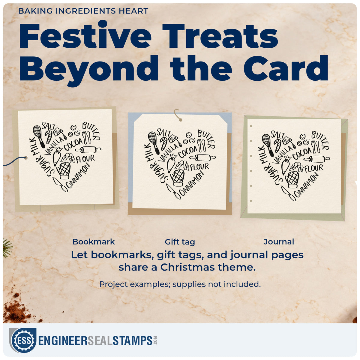 Three project examples made with the Baking Ingredients Heart Duo Hand Stamp, including grocery list notepad.