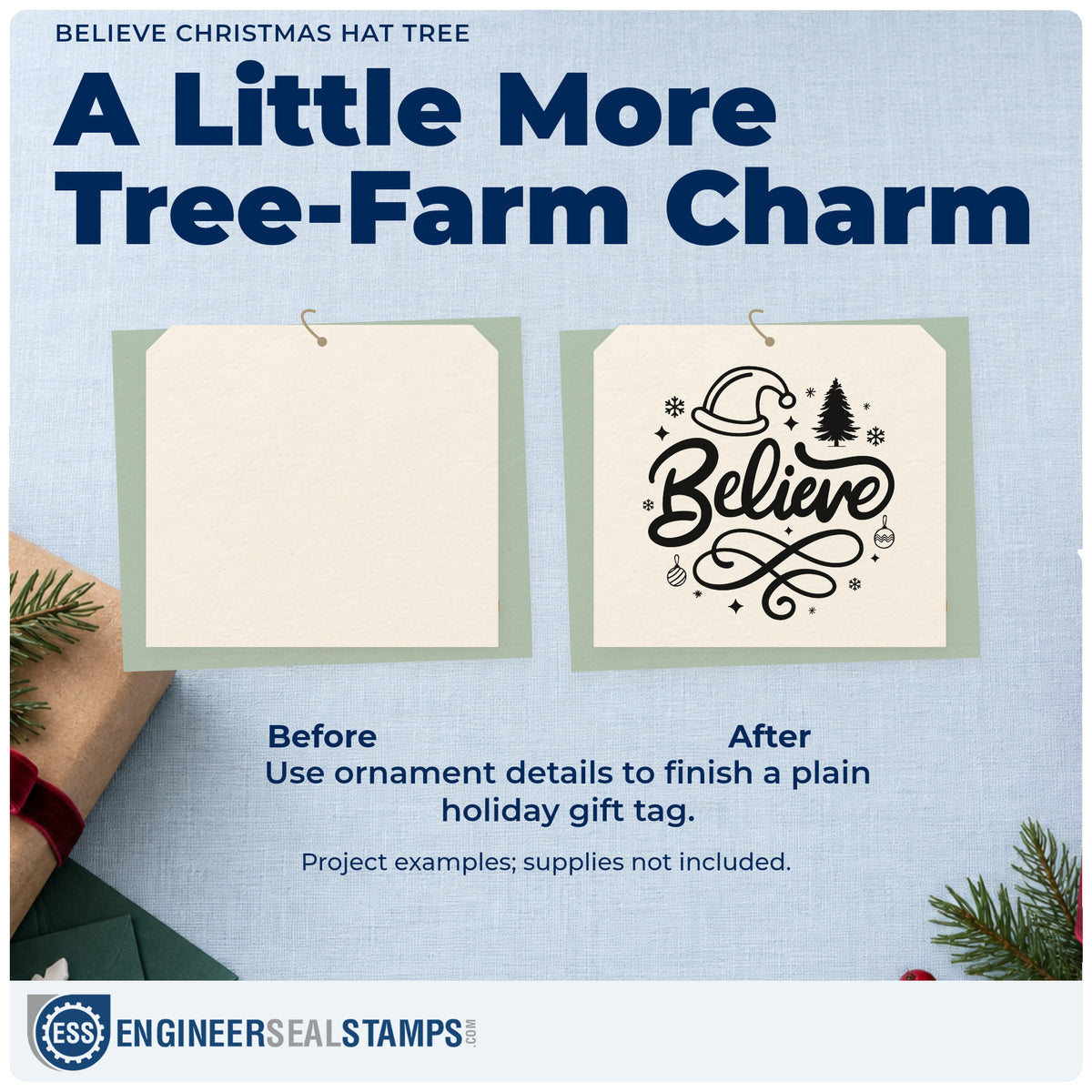 Before and after of a plain item finished with the Believe Christmas Hat Tree Wood-Mounted Rubber Stamp, a quick upgrade for framed nursery wall.