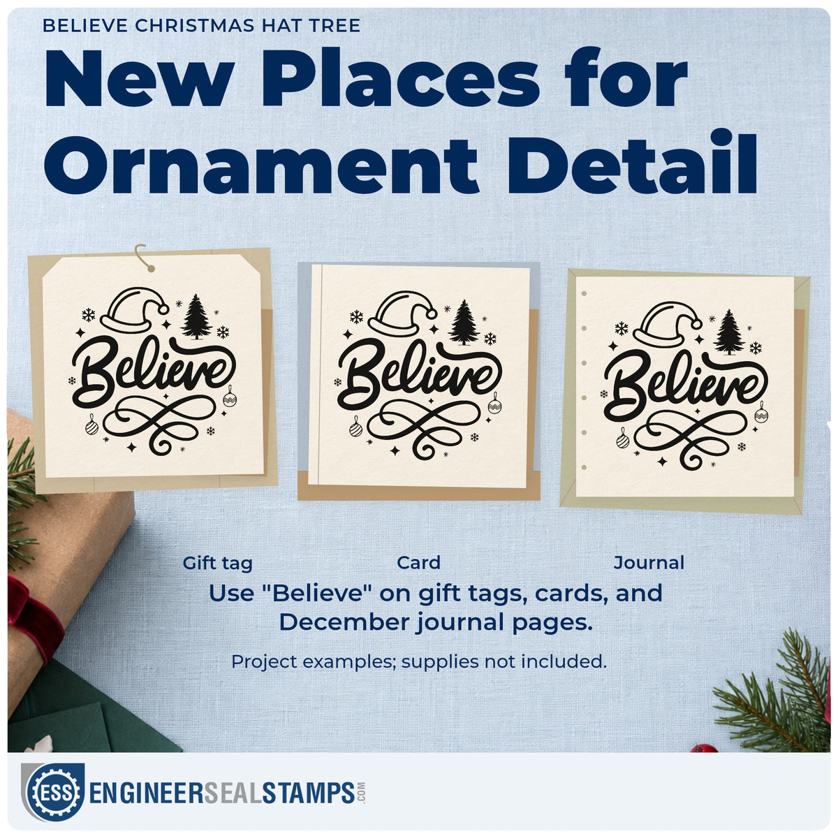 Three project examples made with the Believe Christmas Hat Tree Hand Stamp – Duo, including letter to santa sheet.