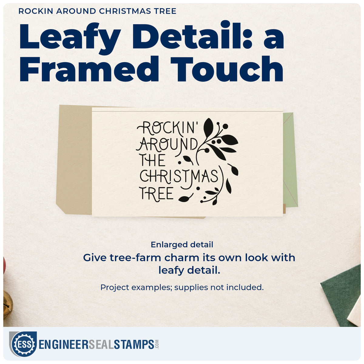Enlarged detail of the Rockin Around Christmas Tree Pre-Inked Stamp – PSI imprint. “Rockin' Around the Christmas Tree” is framed on the right by leafy sprigs.