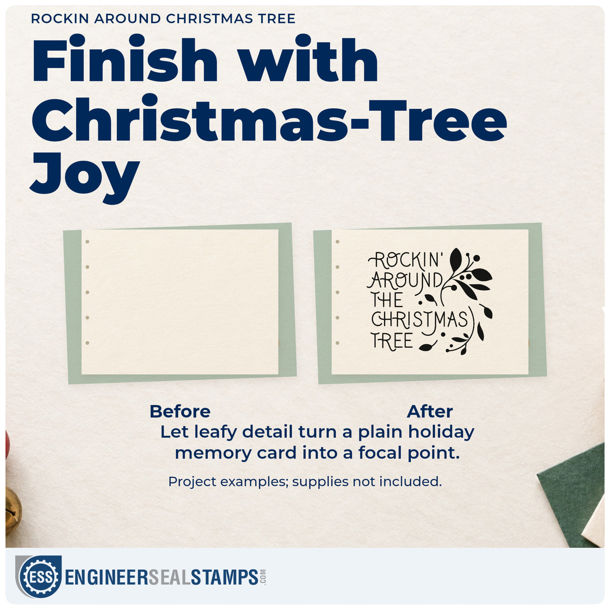 Before and after of a plain item finished with the Rockin Around Christmas Tree Rubber Stamp – Wood Handle, a quick upgrade for framed rec room wall.