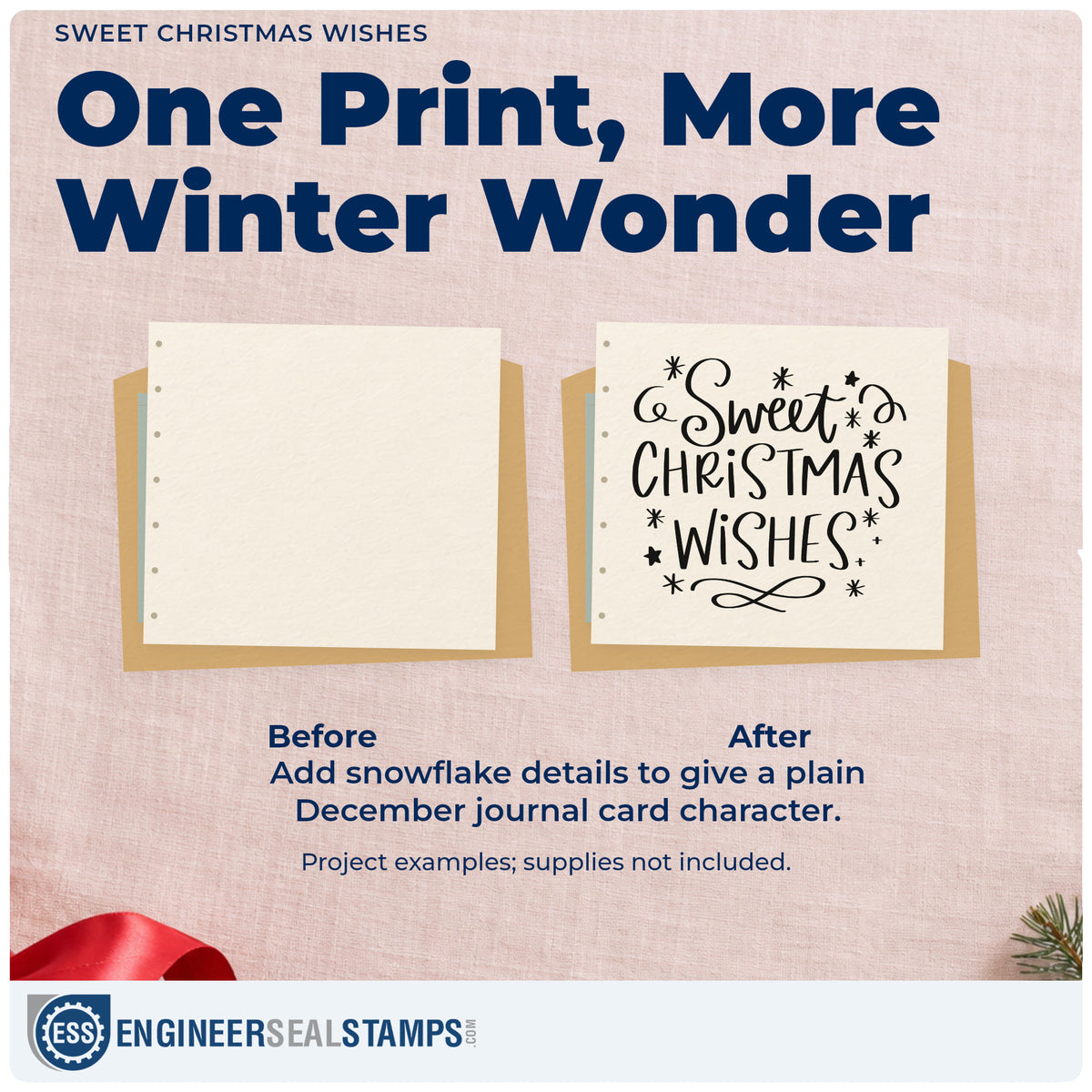Before and after of a plain item finished with the Sweet Christmas Wishes Snowflakes Wood Handle Stamp, a quick upgrade for framed vanity mirror.