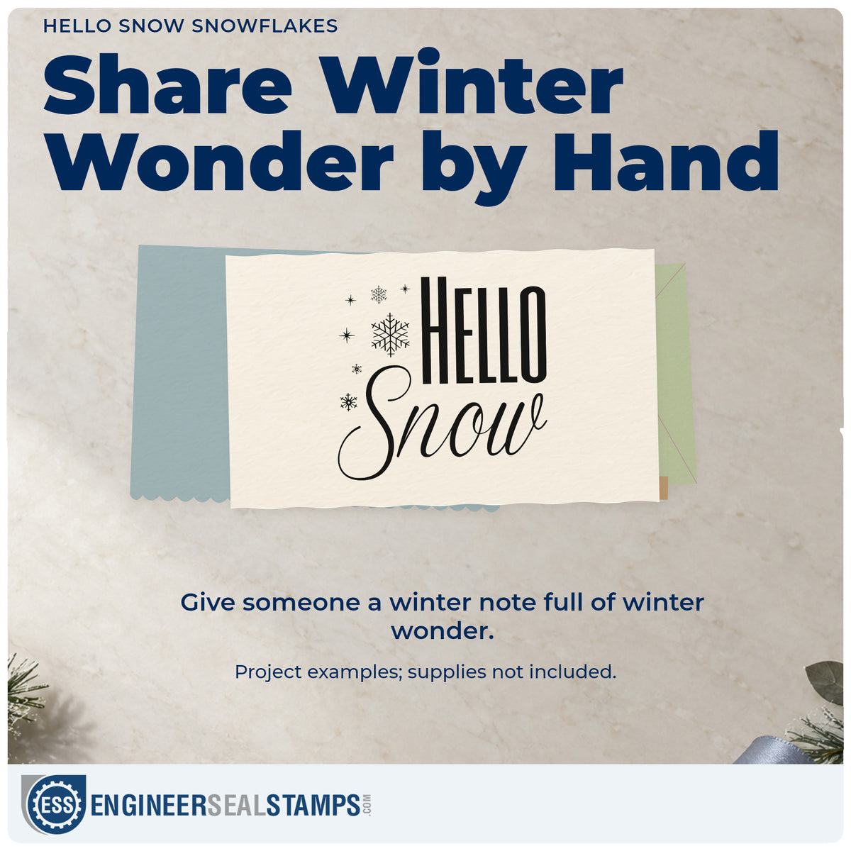A finished handmade project stamped with the Hello Snow Snowflakes Script Lettering Slim Pre-Inked Stamp, ideal for minimal album header.