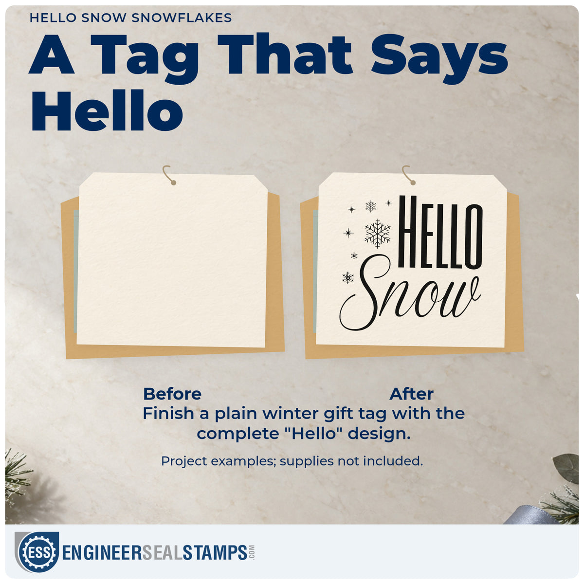 Before and after of a plain item finished with the Hello Snow Snowflakes Script Lettering Pre-Inked Stamp – PSI, a quick upgrade for framed entry ledge.