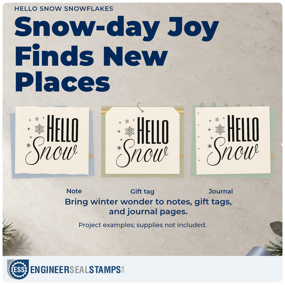 Three project examples made with the Hello Snow Snowflakes Script Lettering Rubber Stamp – Duo Hand, including bullet journal spread.