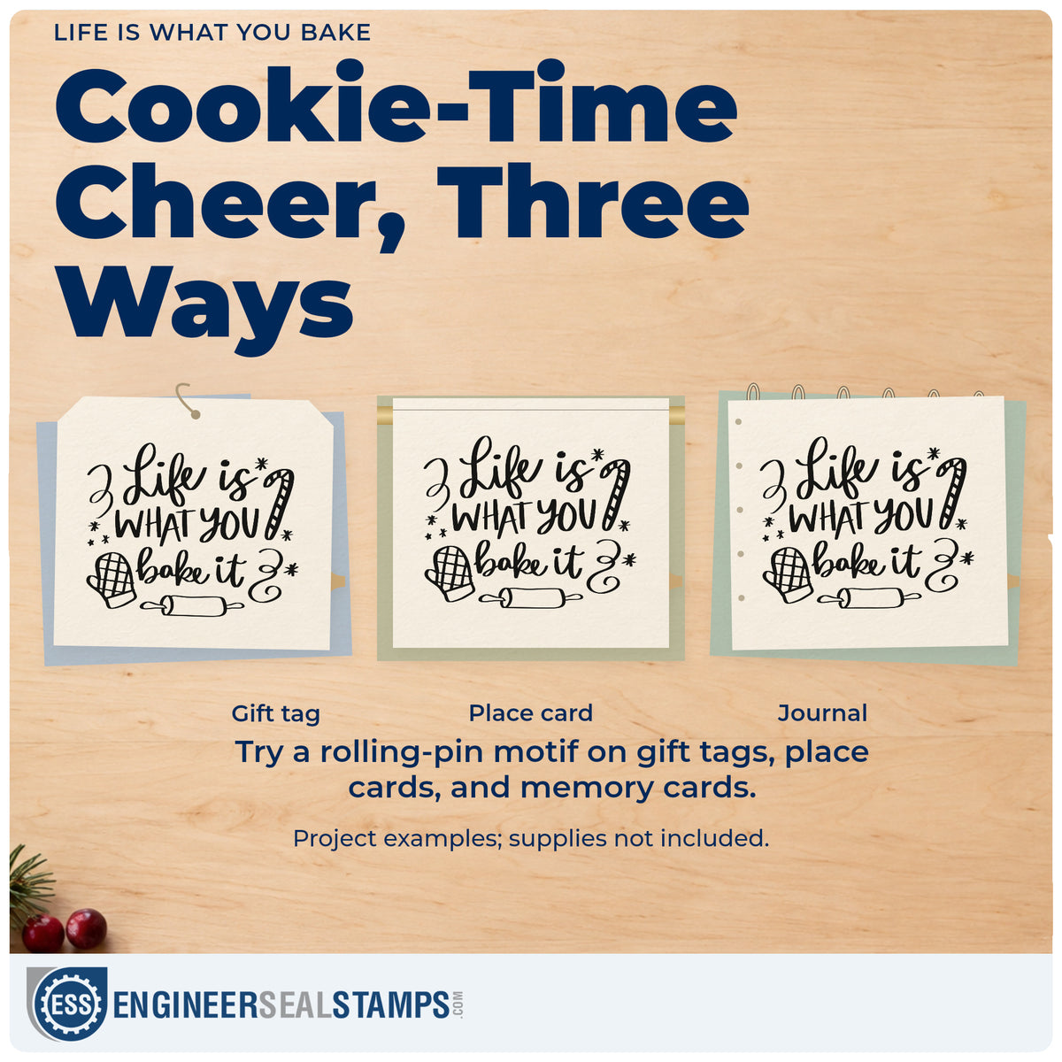 Three project examples made with the Life Is What You Bake It Pre-Inked Stamp – Slim, including lesson plan header.